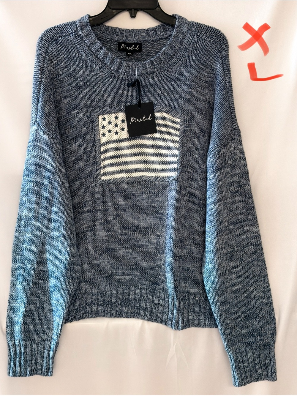 Marled Blue Knit Crewneck Sweater with Flag Detail